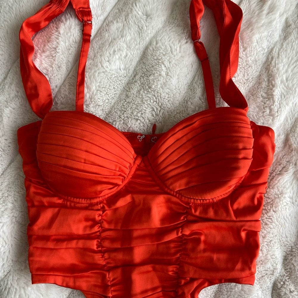 Vibrant OH POLLY orange Ruched Halter Top